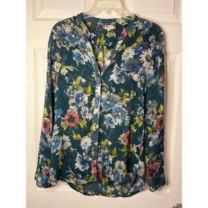 Kut From The Kloth Floral Sheer Teal Multicolor Button Blouse Top Womens M USA